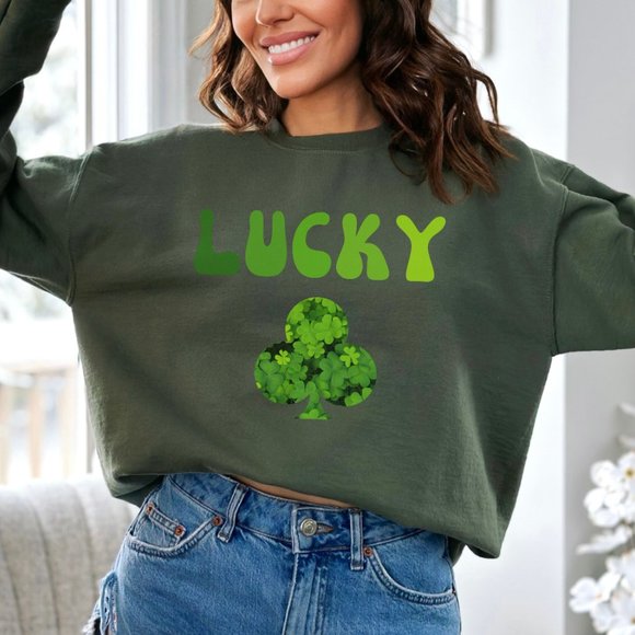 Lucky Sweatshirt Saint Patric's Day College Sweatshirt Military Green Shirt - Picture 9 of 10